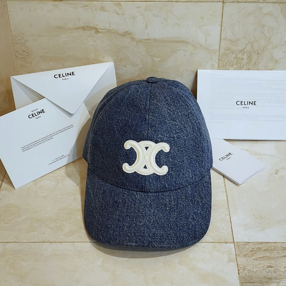 AUTHENTIC CELINE Triomphe Dark Blue Denim Baseball Hat